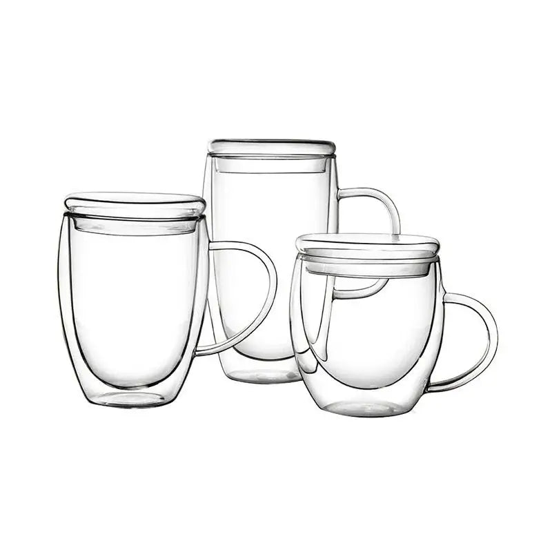 Modern clear double wall tumbler set with bamboo lids for dining room