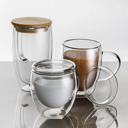 Modern clear double wall tumbler set with bamboo lids for dining room