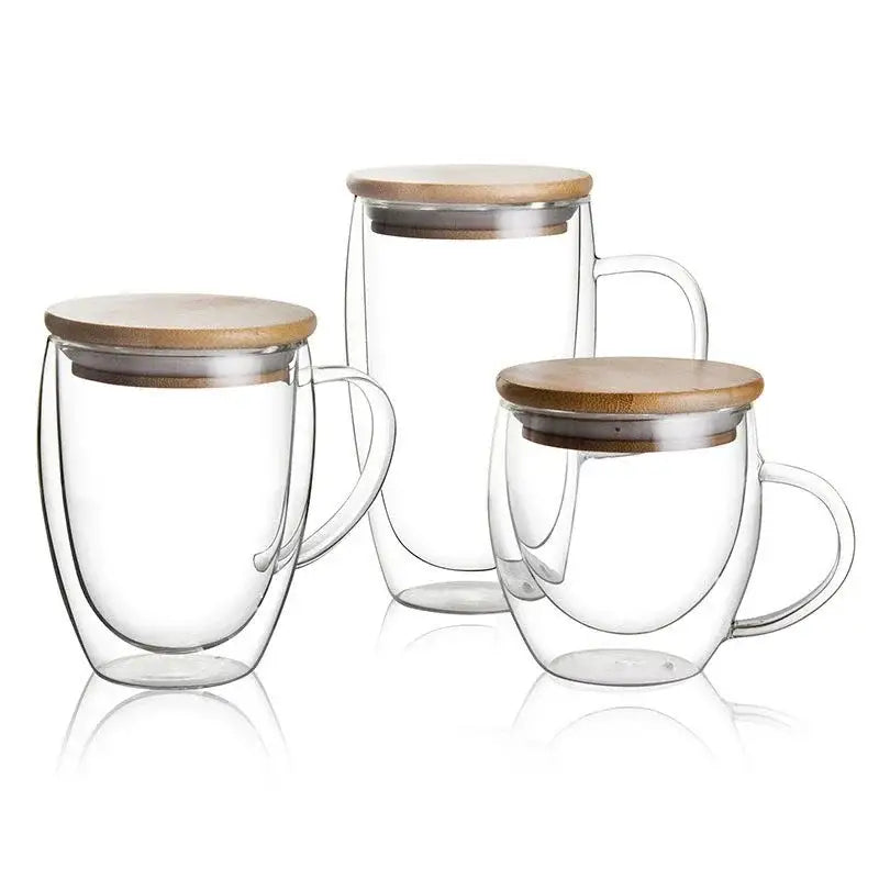 Modern clear double wall tumbler set with bamboo lids for dining room