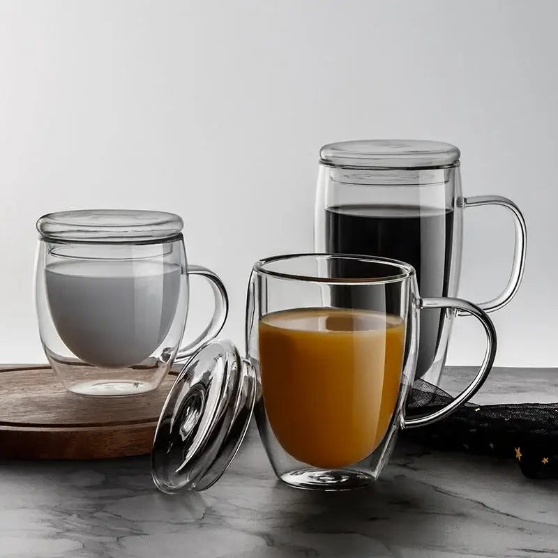 Modern clear double wall tumbler set with bamboo lids for dining room