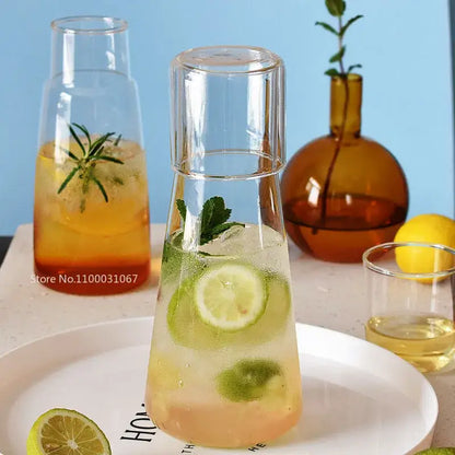 Modern clear glass bedside water carafe set with cup for bedroom