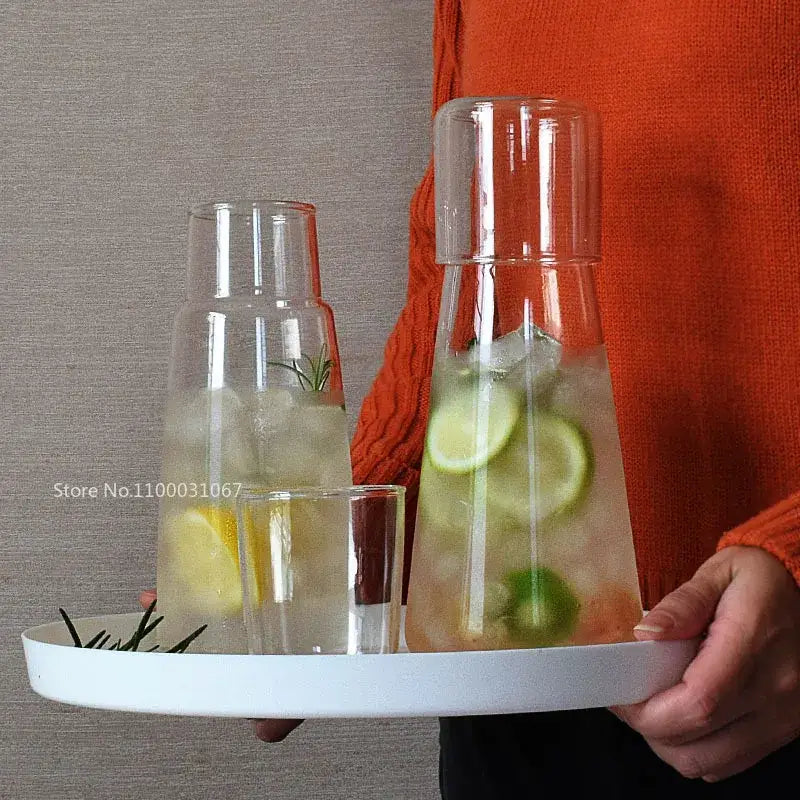 Modern clear glass bedside water carafe set with cup for bedroom