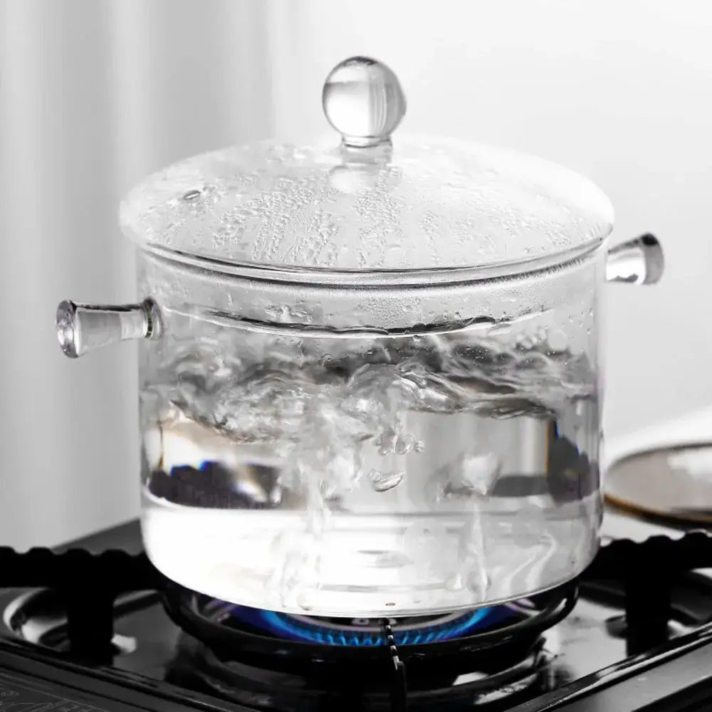 Modern clear glass cooking pot with silver handles kitchen cookware