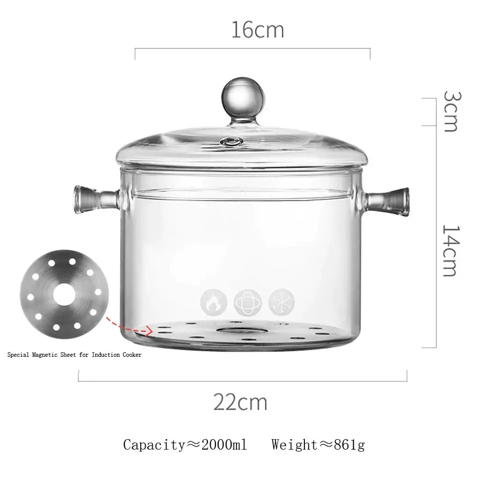 Modern clear glass cooking pot with silver handles kitchen cookware