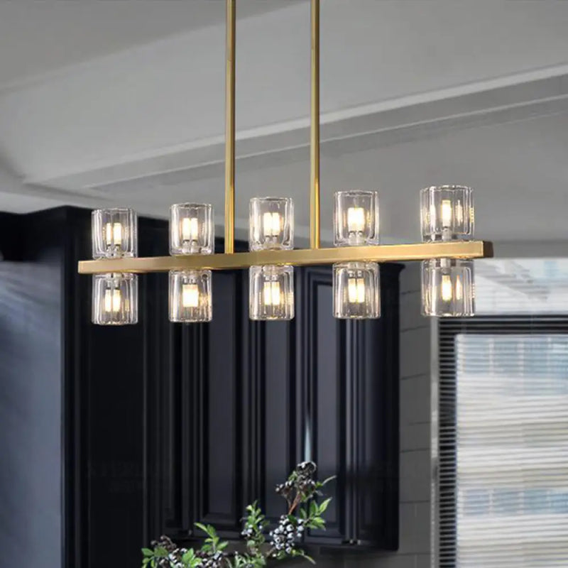 DecorBites™ Modern Clear Glass Cylinder Island Light Fixture - 10 Head Gold Suspension Pendant for Restaurants