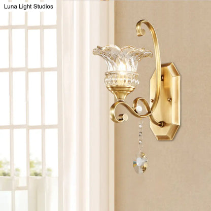 DecorBites™ Modern Clear Glass Flower Sconce: Brass Wall Lamp with Crystal Accent - 1/2 Lights
