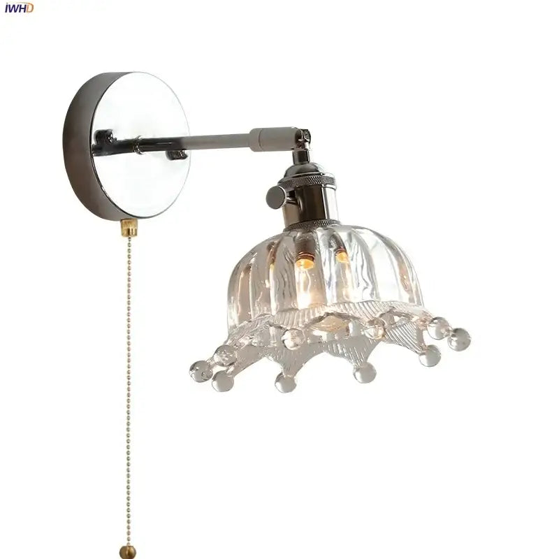 Modern clear glass led wall lamp bedroom pull chain crystal light