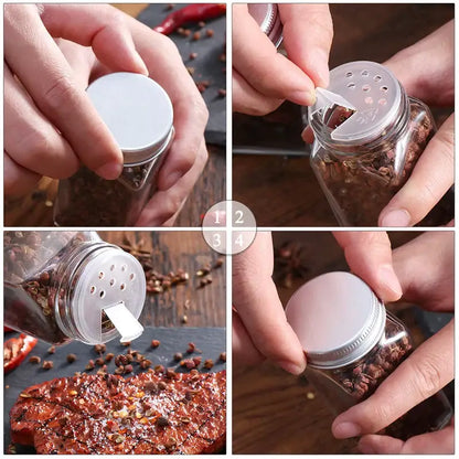 Modern clear glass seasoning jar set with black lids for kitchen