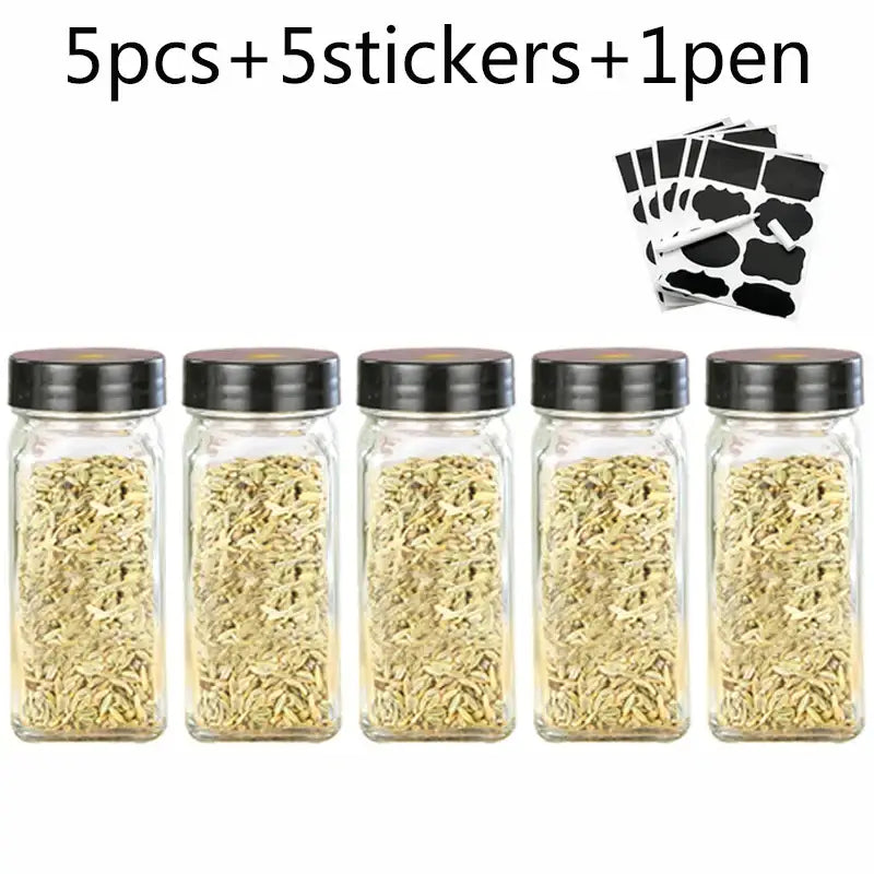 Modern clear glass seasoning jar set with black lids for kitchen