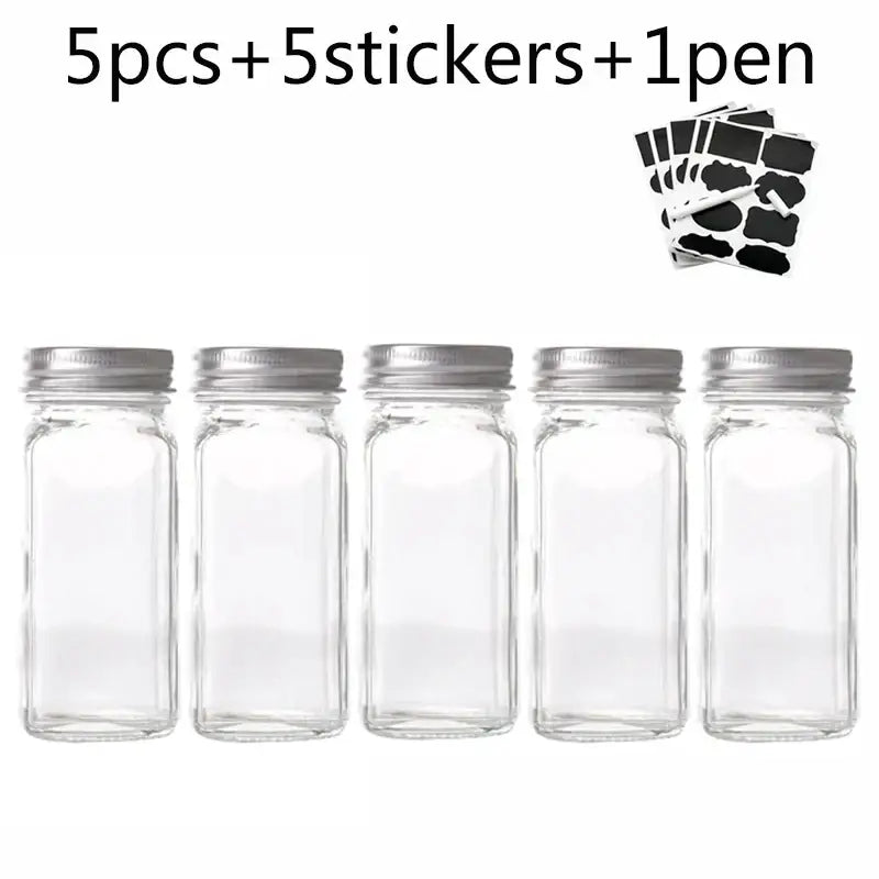 Modern clear glass seasoning jar set with black lids for kitchen