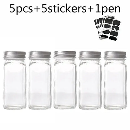 Modern clear glass seasoning jar set with black lids for kitchen