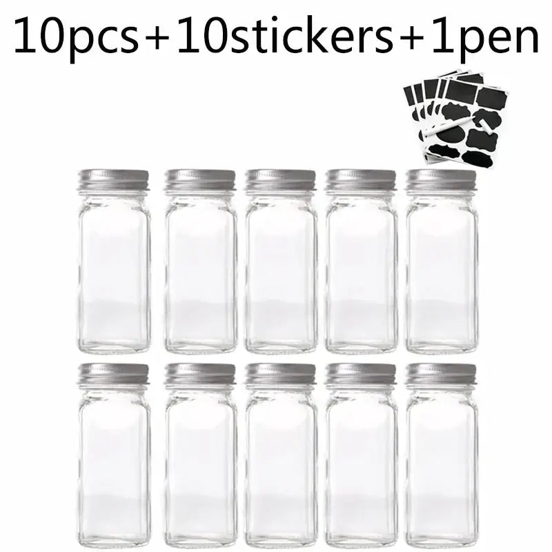 Modern clear glass seasoning jar set with black lids for kitchen
