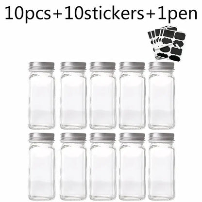 Modern clear glass seasoning jar set with black lids for kitchen