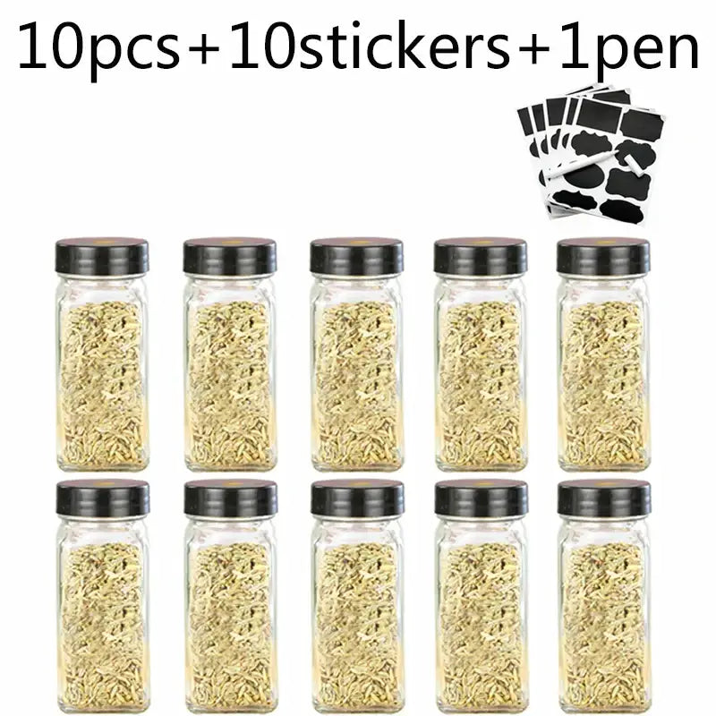 Modern clear glass seasoning jar set with black lids for kitchen