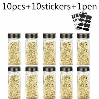 Modern clear glass seasoning jar set with black lids for kitchen