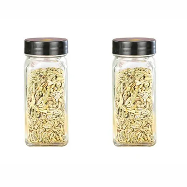 Modern clear glass seasoning jar set with black lids for kitchen