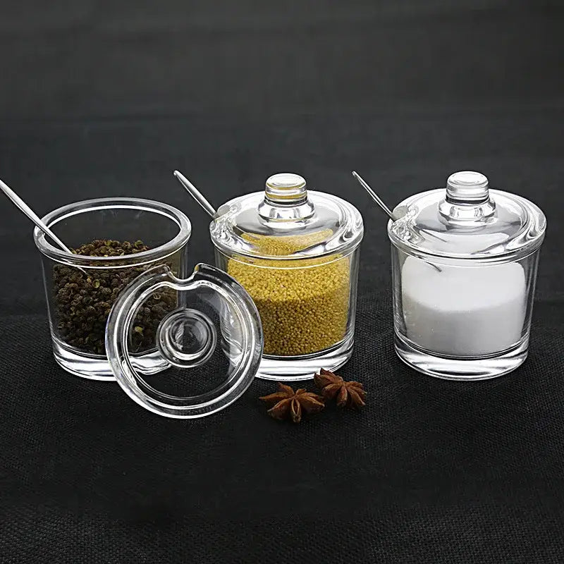 Modern clear glass seasoning jar with spoon kitchen spice jar