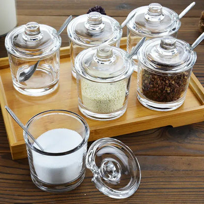 Modern clear glass seasoning jar with spoon kitchen spice jar