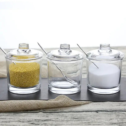 Modern clear glass seasoning jar with spoon kitchen spice jar