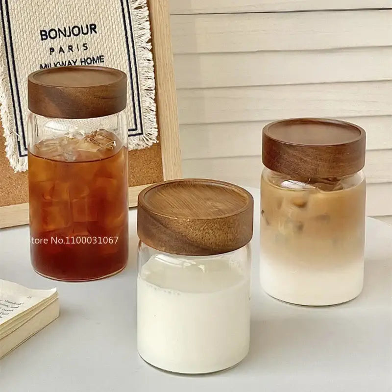 Modern clear glass tea cup with wood lid kitchen coffee jar