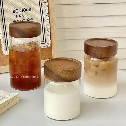 Modern clear glass tea cup with wood lid kitchen coffee jar