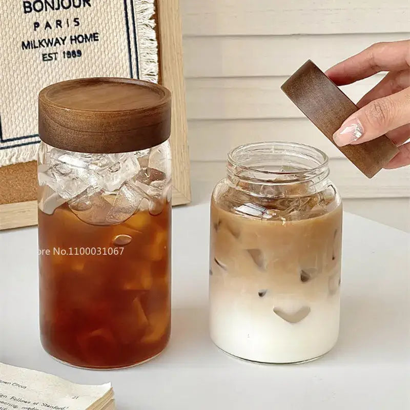 Modern clear glass tea cup with wood lid kitchen coffee jar