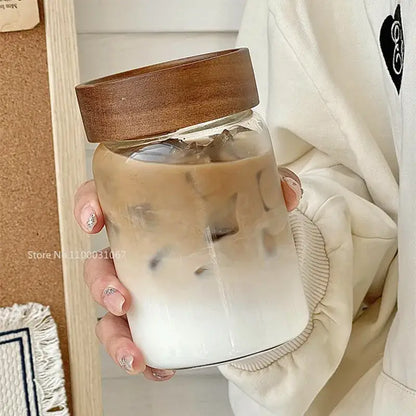 Modern clear glass tea cup with wood lid kitchen coffee jar