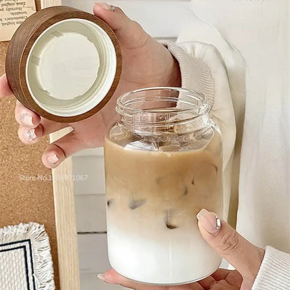 Modern clear glass tea cup with wood lid kitchen coffee jar