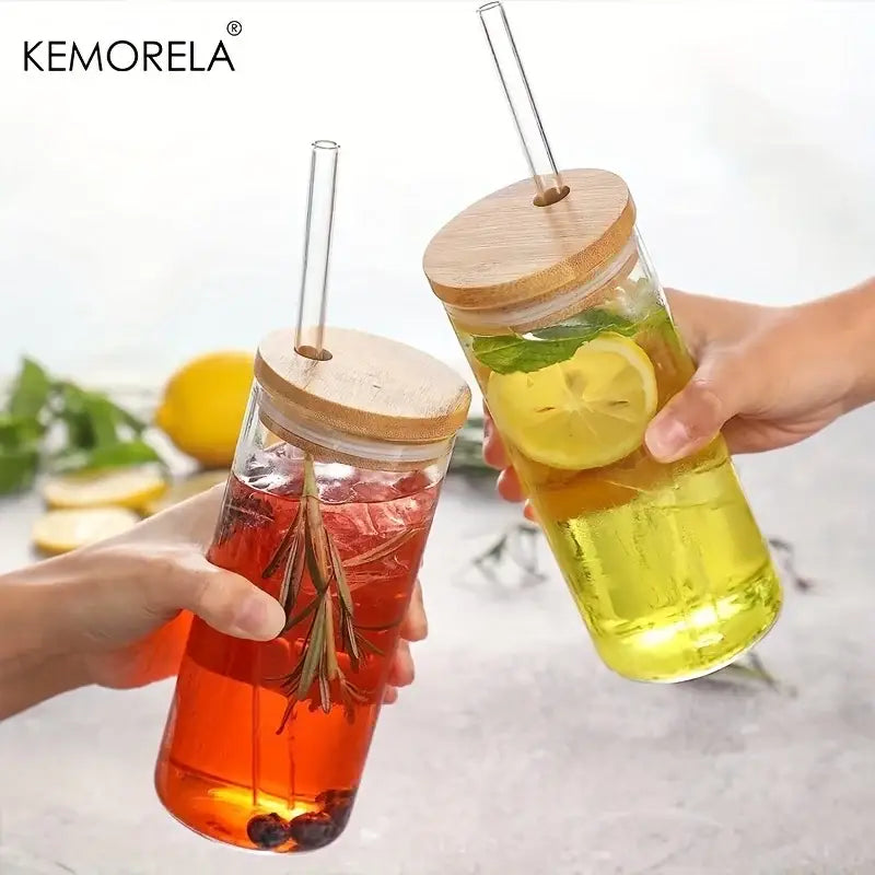 Modern clear glass tumbler cups with bamboo lids 4-piece kitchen set