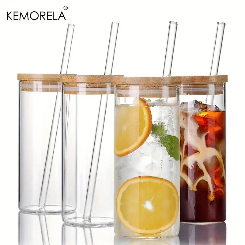 Modern clear glass tumbler cups with bamboo lids 4-piece kitchen set