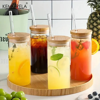 Modern clear glass tumbler cups with bamboo lids 4-piece kitchen set