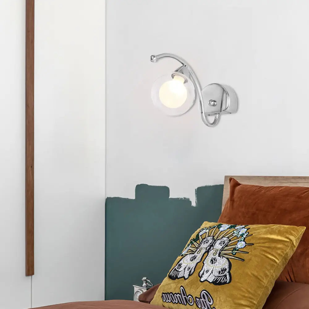 DecorBites™ Modern Clear Glass Wall Lamp with LED Light in Chrome - Bedroom Sconce with Curved Arm