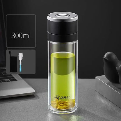 Modern clear insulated glass cup kitchen tea tumbler with black & silver lid