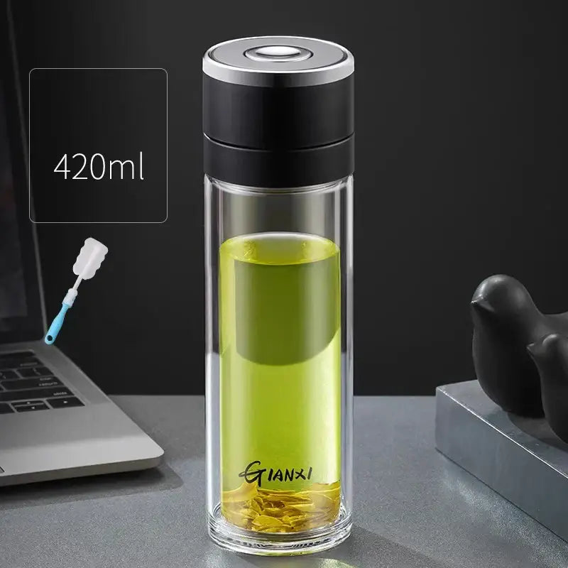Modern clear insulated glass cup kitchen tea tumbler with black & silver lid