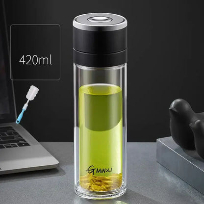Modern clear insulated glass cup kitchen tea tumbler with black & silver lid