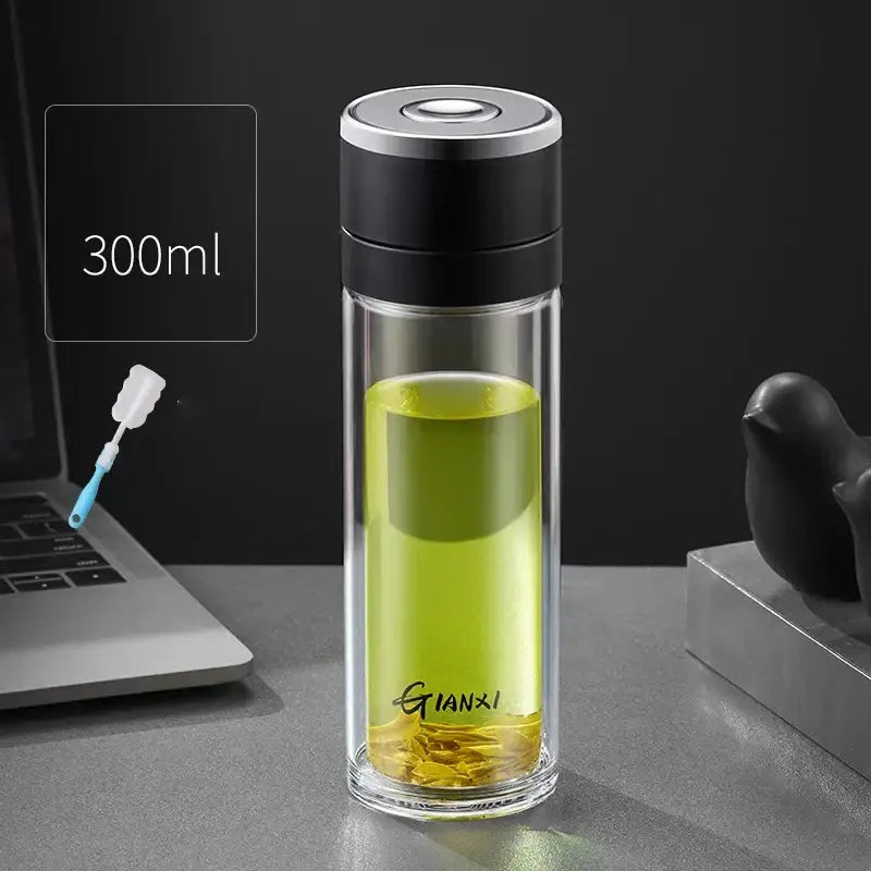 Modern clear insulated glass cup kitchen tea tumbler with black & silver lid