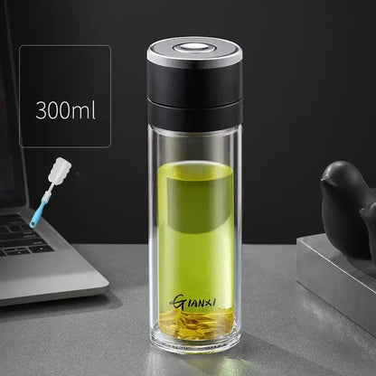 Modern clear insulated glass cup kitchen tea tumbler with black & silver lid