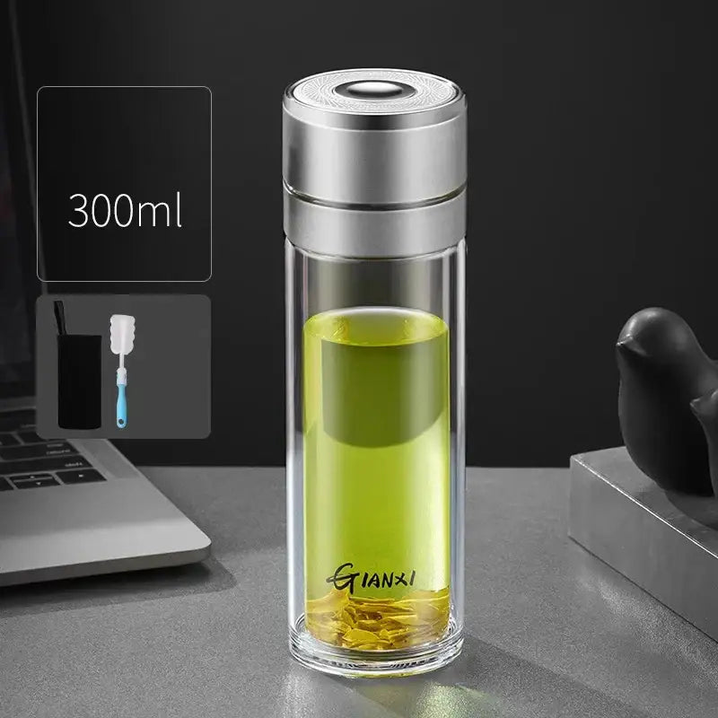 Modern clear insulated glass cup kitchen tea tumbler with black & silver lid