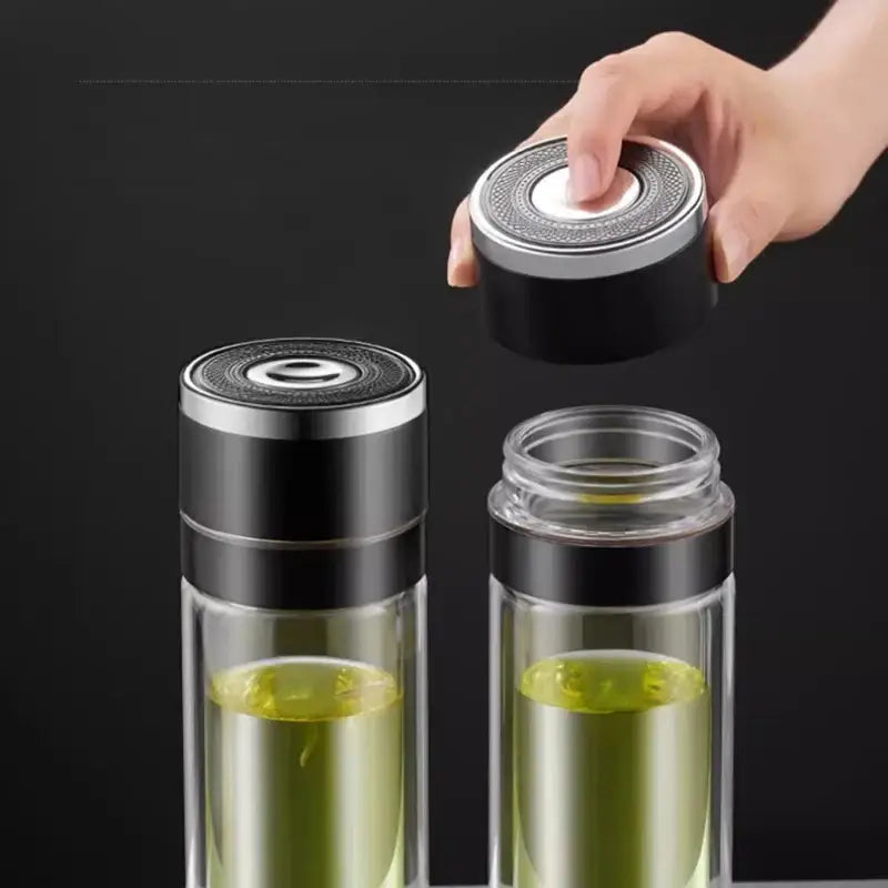 Modern clear insulated glass cup kitchen tea tumbler with black & silver lid