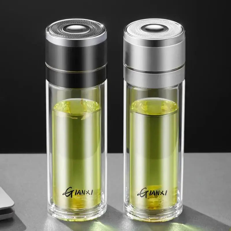 Modern clear insulated glass cup kitchen tea tumbler with black & silver lid