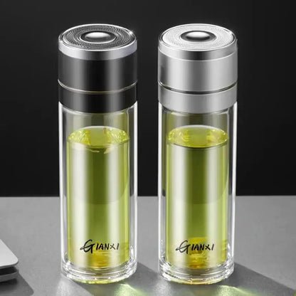 Modern clear insulated glass cup kitchen tea tumbler with black & silver lid