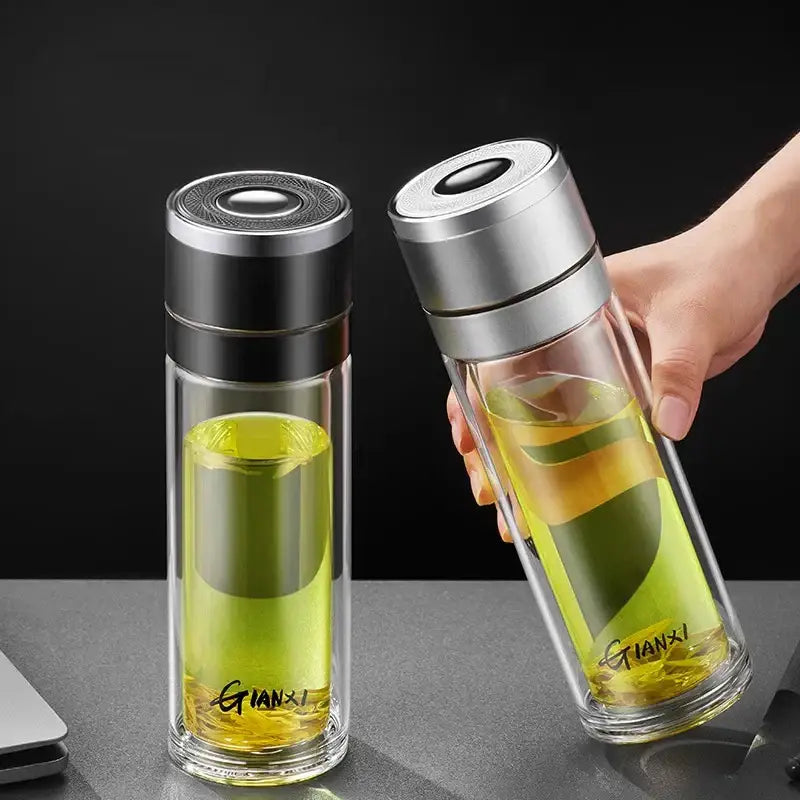 Modern clear insulated glass cup kitchen tea tumbler with black & silver lid