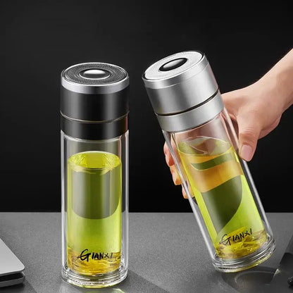 Modern clear insulated glass cup kitchen tea tumbler with black & silver lid