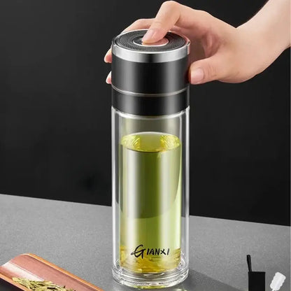 Modern clear insulated glass cup kitchen tea tumbler with black & silver lid