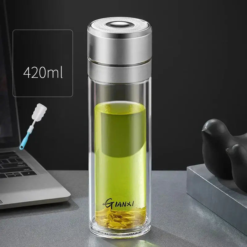 Modern clear insulated glass cup kitchen tea tumbler with black & silver lid