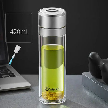 Modern clear insulated glass cup kitchen tea tumbler with black & silver lid