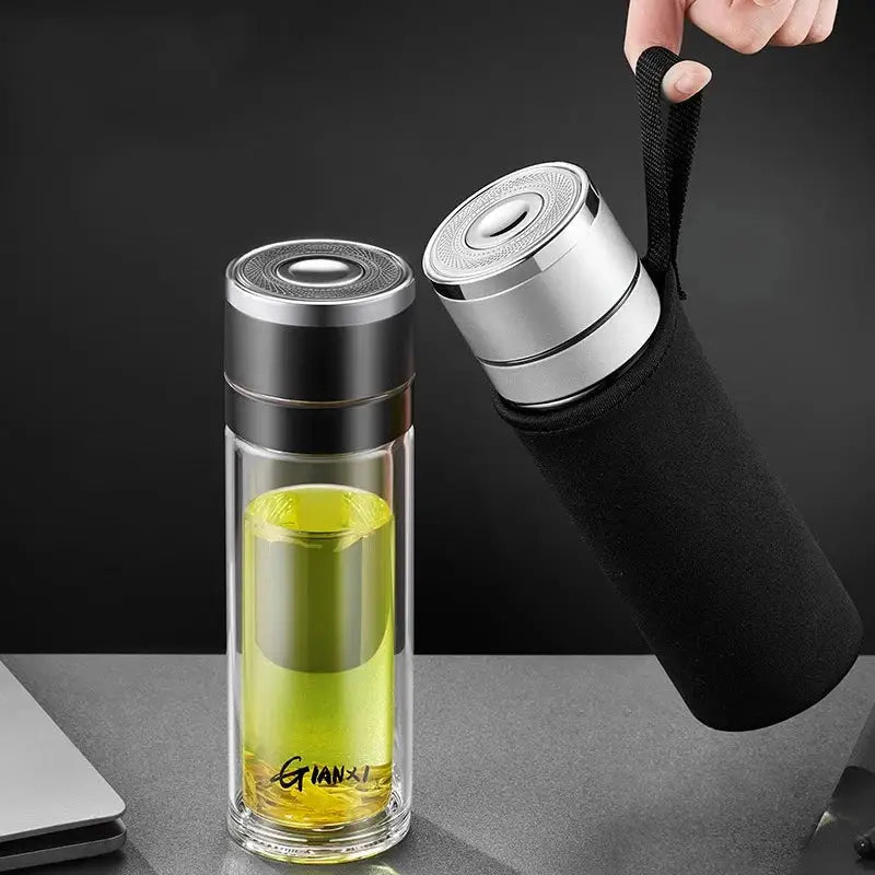 Modern clear insulated glass cup kitchen tea tumbler with black & silver lid
