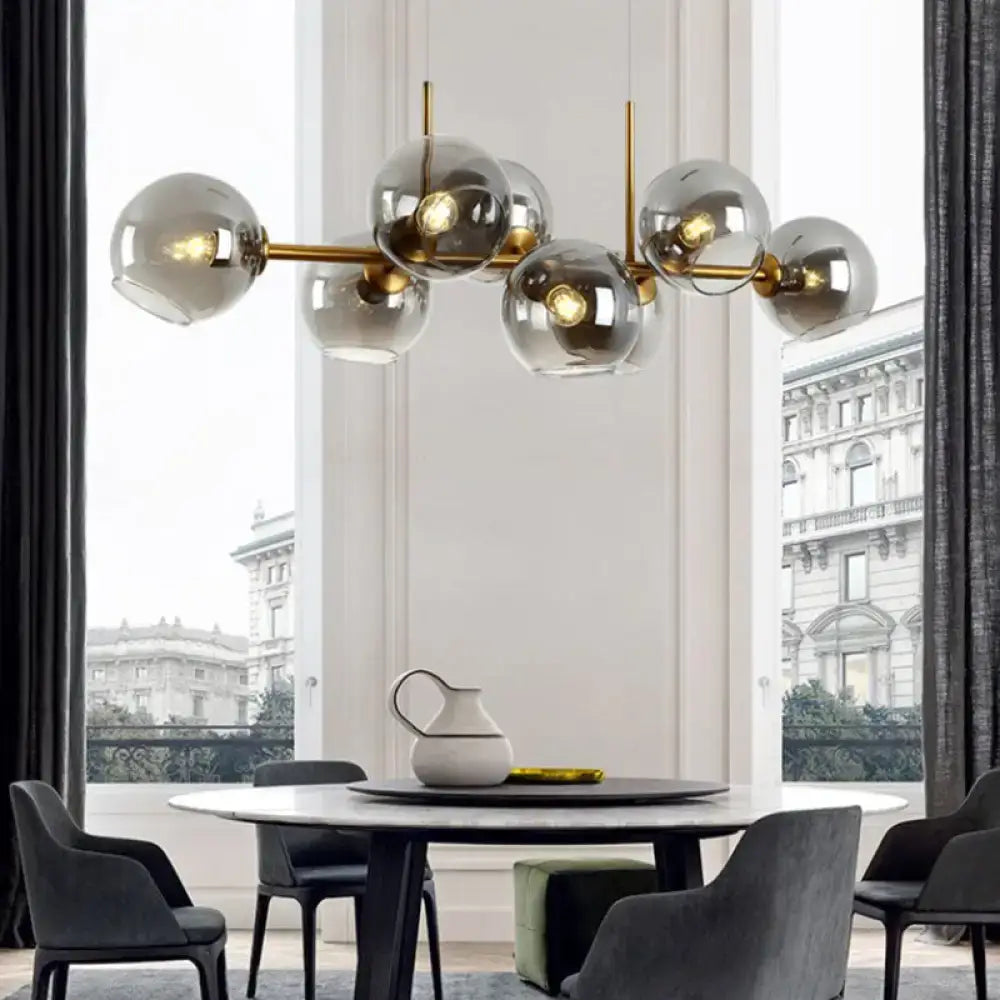 Modern clear smoke glass 8 bulb lighting fixture dining room black & gold