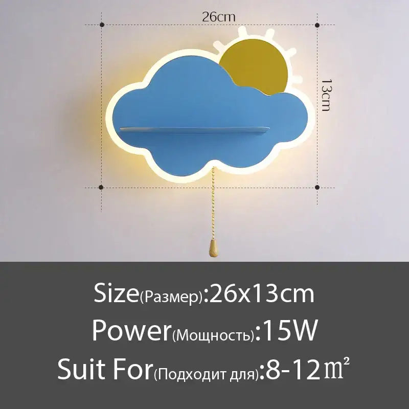 Modern cloud wall lamps with wooden pull chain – childrens bedroom