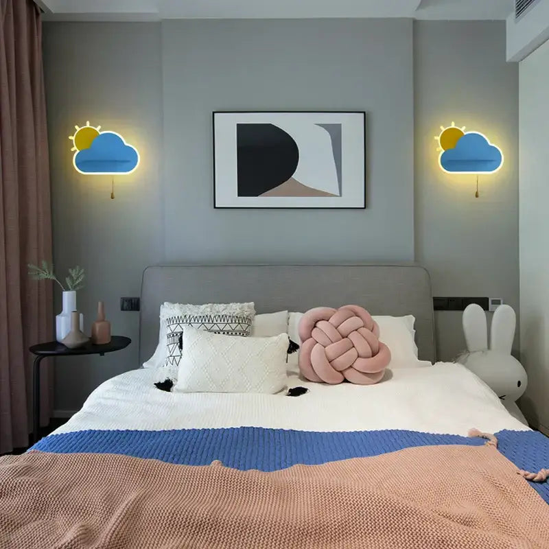 Modern cloud wall lamps with wooden pull chain – childrens bedroom
